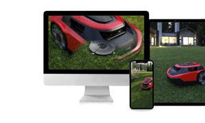 CGI renders of Toro autonomous lawn mower mocked up on desktop, phone, and table screens